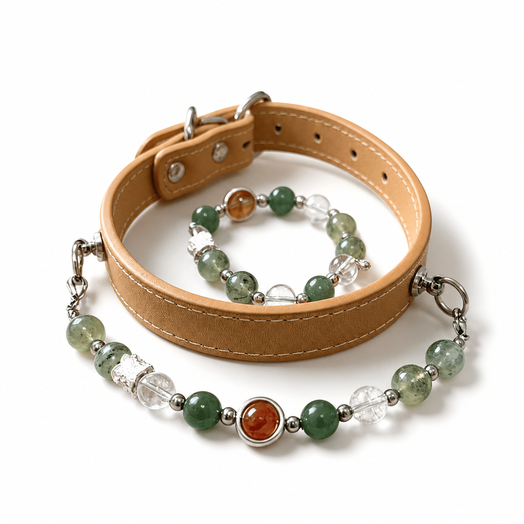 Natural Crystal & Genuine Leather Pet Collar with Matching Owner Bracelet - lumipup