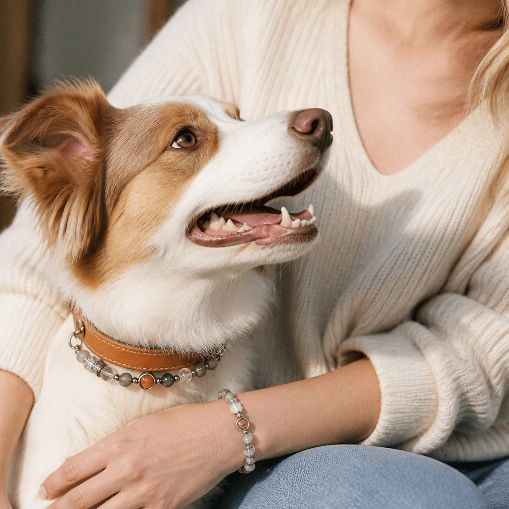 Natural Crystal & Genuine Leather Pet Collar with Matching Owner Bracelet - lumipup