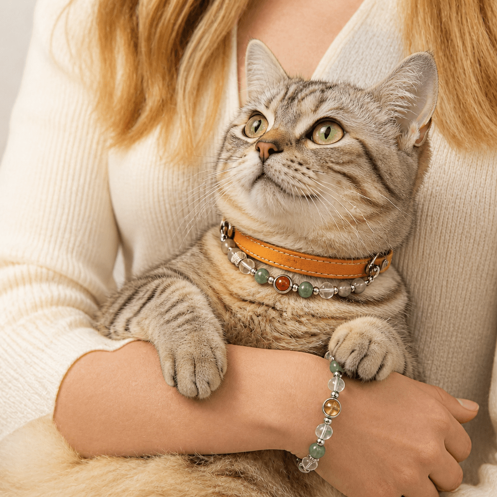 Natural Crystal & Genuine Leather Pet Collar with Matching Owner Bracelet - lumipup