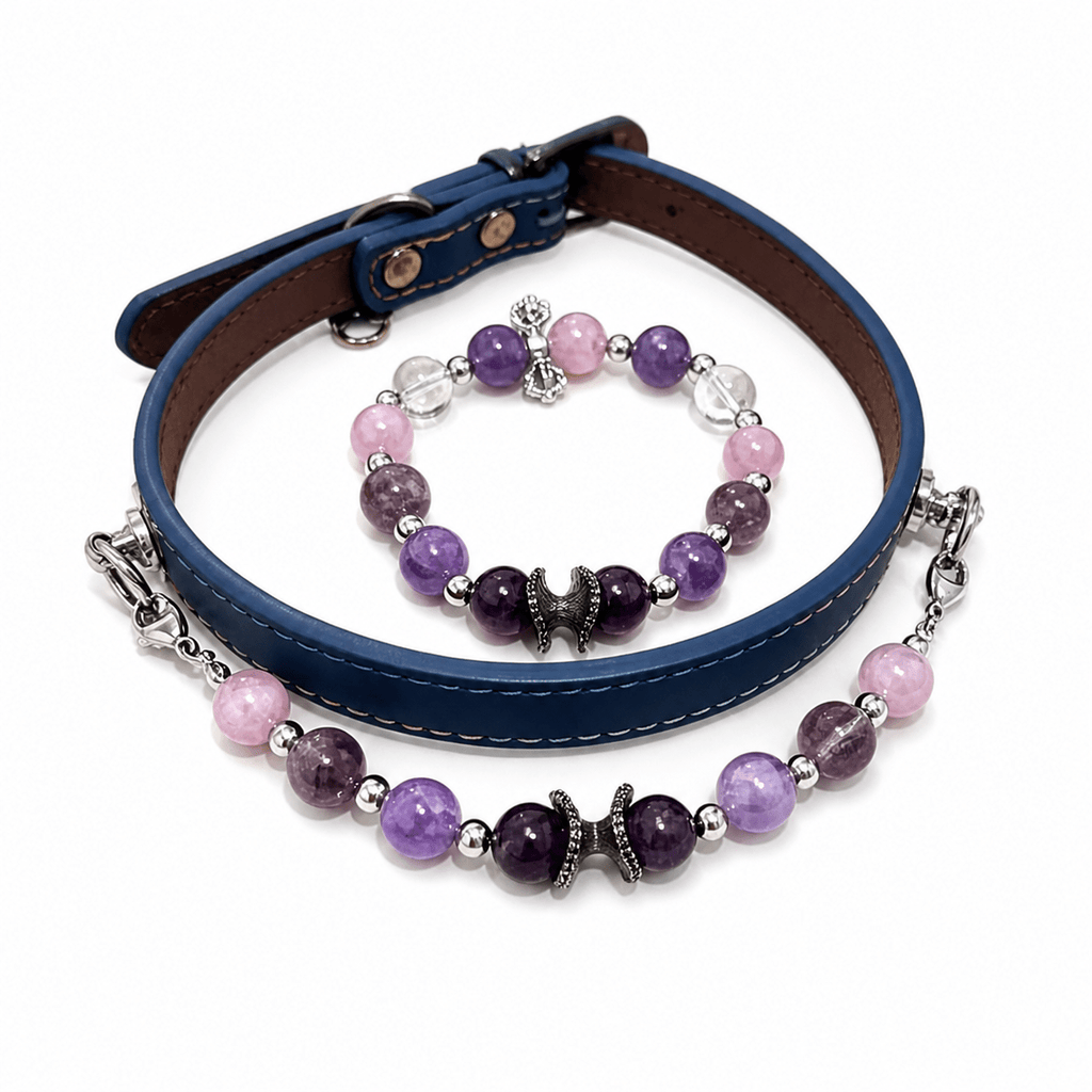 Natural Crystal & Leather Pet Collar with Matching Owner Bracelet Set - lumipup