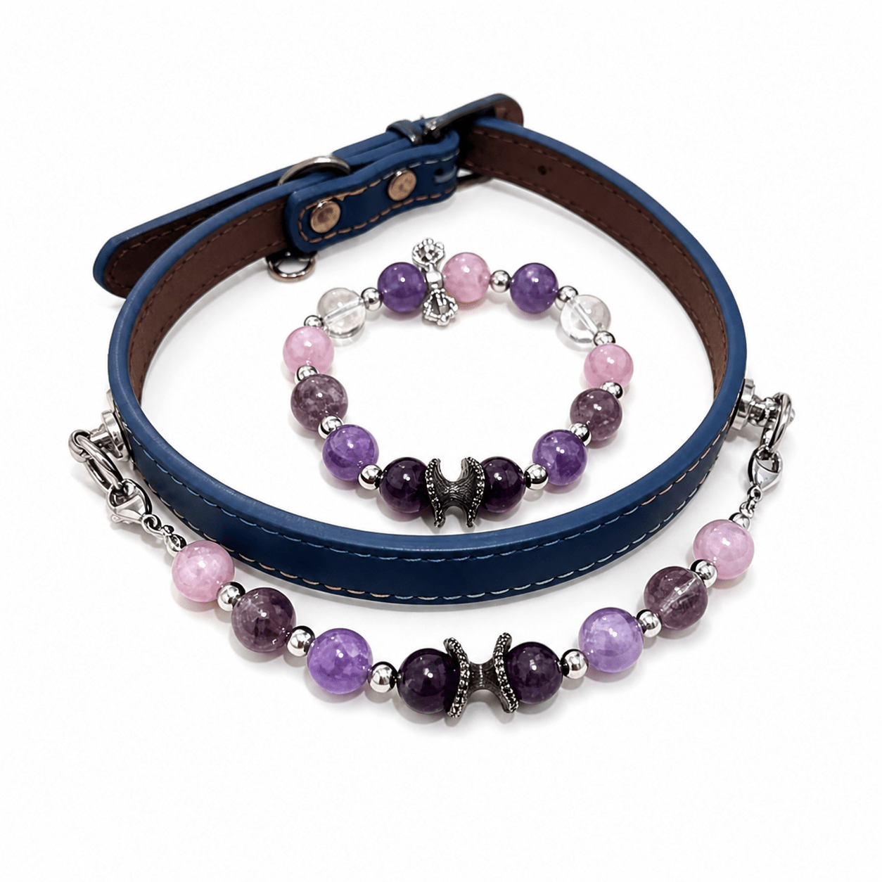 Natural Crystal & Leather Pet Collar with Matching Owner Bracelet Set - lumipup