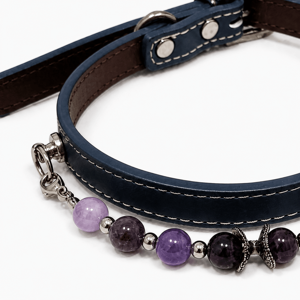 Natural Crystal & Leather Pet Collar with Matching Owner Bracelet Set - lumipup