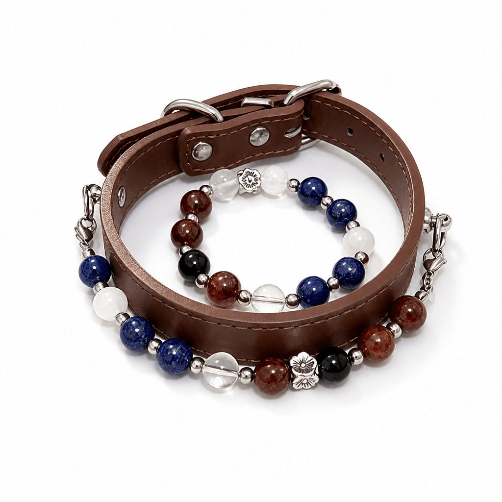 Premium Leather & Natural Stone Pet Collar with Matching Owner Bracelet Set - lumipup