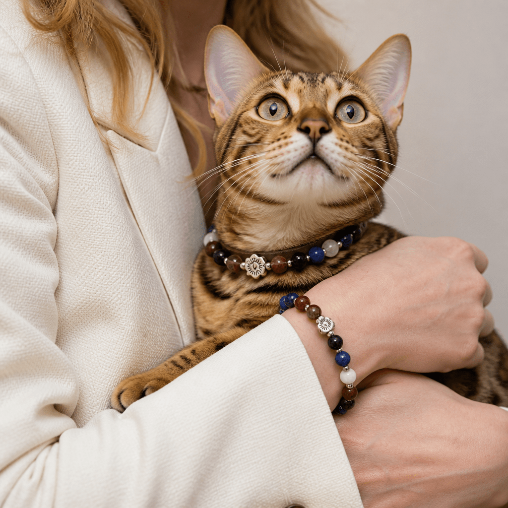 Premium Leather & Natural Stone Pet Collar with Matching Owner Bracelet Set - lumipup